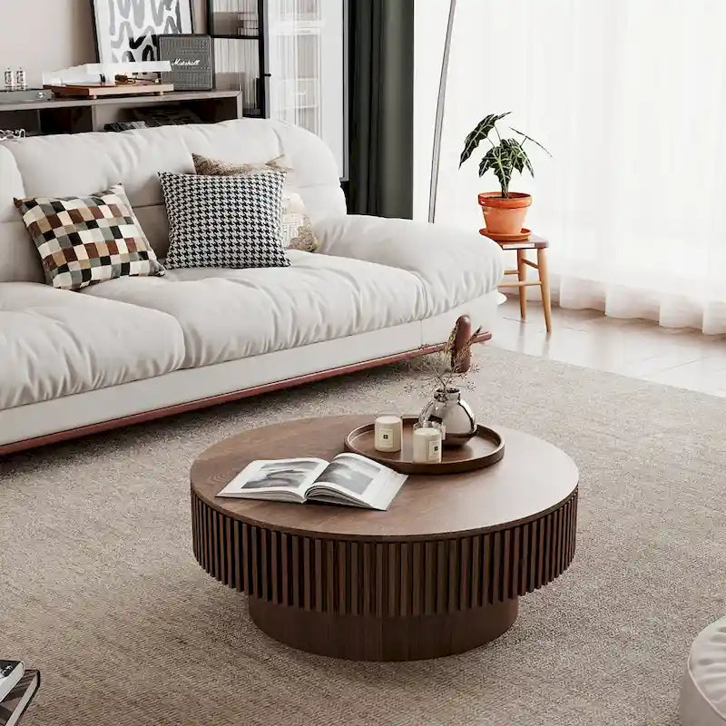 Table basse ronde moderne en bois massif plaqué, avec rangement