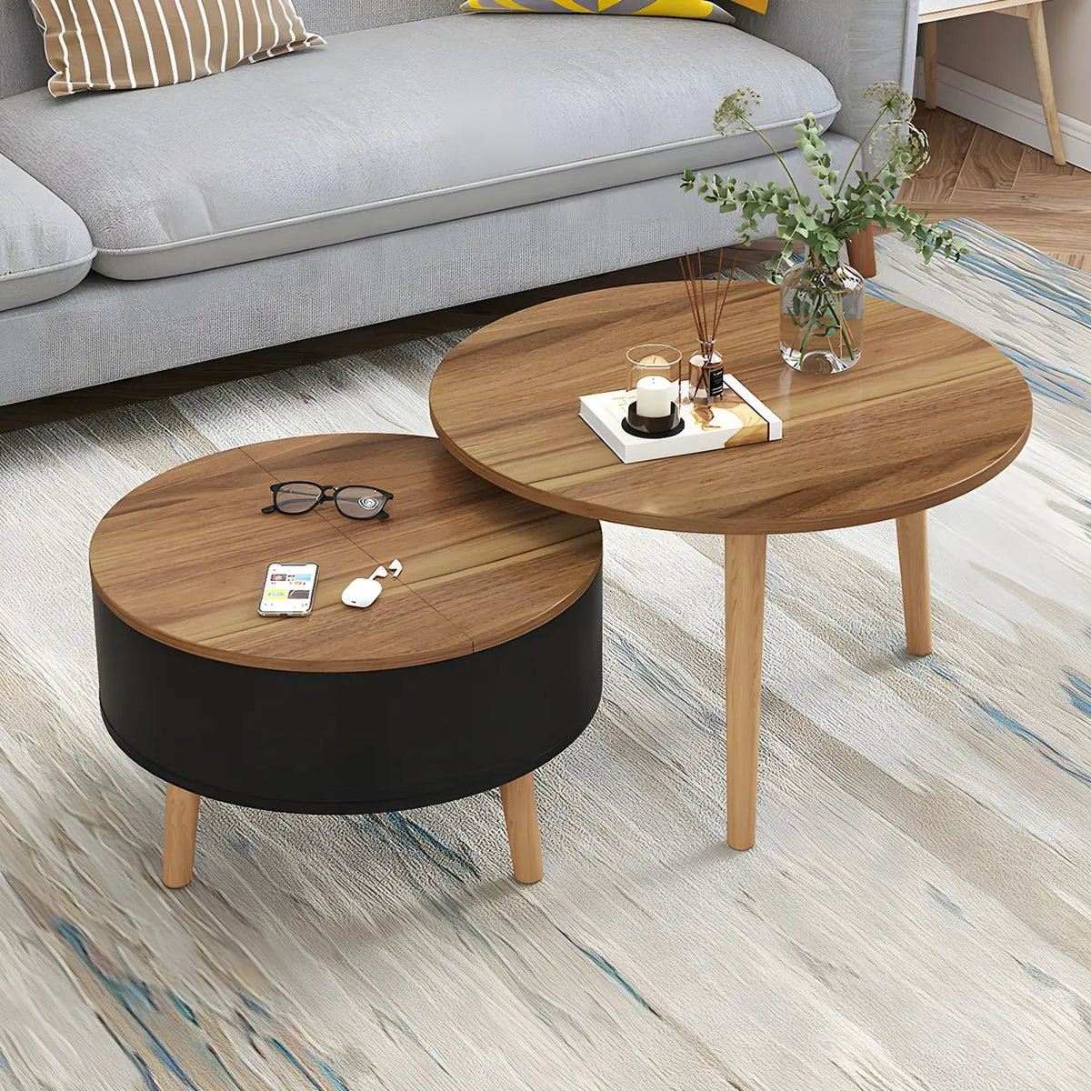 Moderne ronde houten salontafel in zwart-wit met opbergruimte