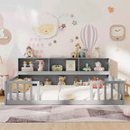 Letto Montessori a terra Twin/Full con libreria, ripiani contenitori e sponde di sicurezza, bianco/grigio