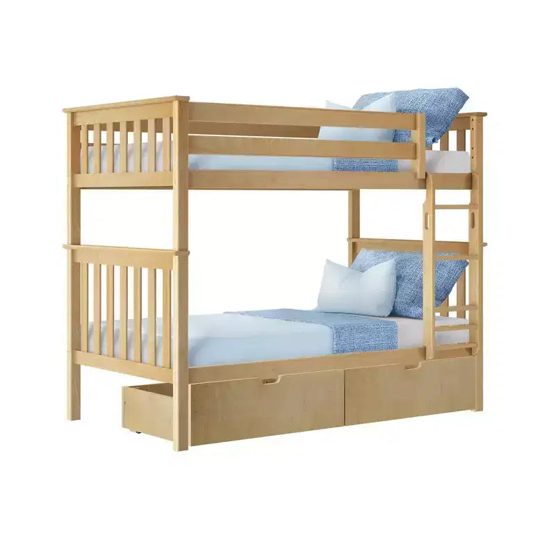 Stapelbed van massief hout voor kinderen, twee eenpersoonsbedden boven elkaar, met opberglades onder het bed