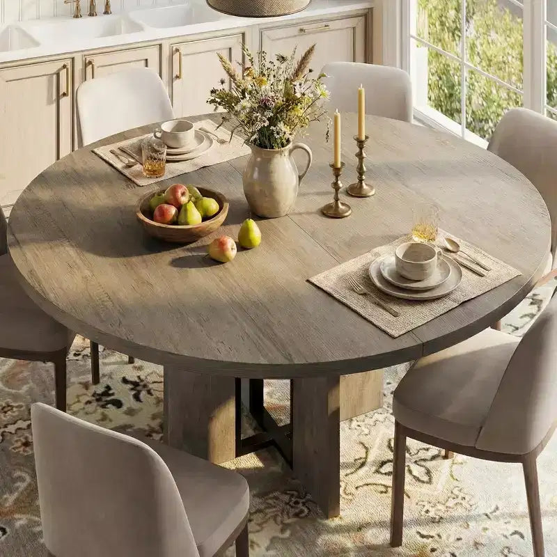 Mesa de jantar redonda extensível 47-63 para 4-8 pessoas, mesa de cozinha expansível em madeira de estilo rústico com estrutura metálica, oval e economizadora de espaço para apartamento, cinzento retro