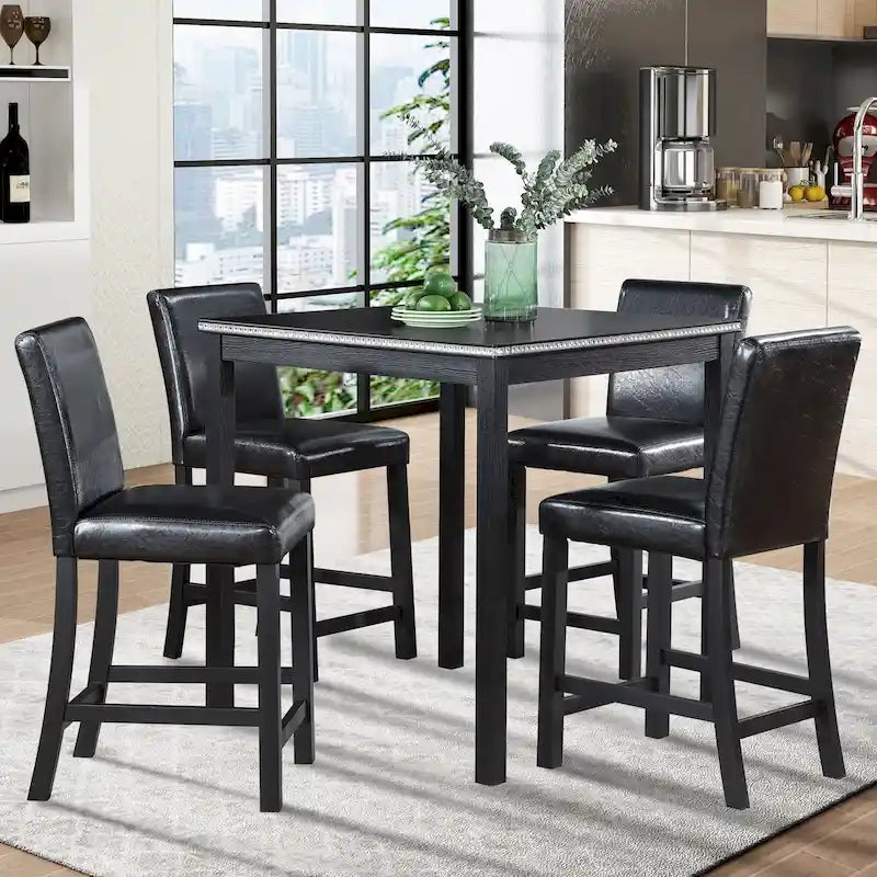 Moderne 5-delige eetset met vierkante tafel op aanrechthoogte en 4 gestoffeerde stoelen