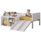 Whisen laag halfhoog bedframe van eenpersoonsformaat voor kinderen, met glijbaan, verplaatsbare boekenplank met opbergruimte en veiligheidsleuningen