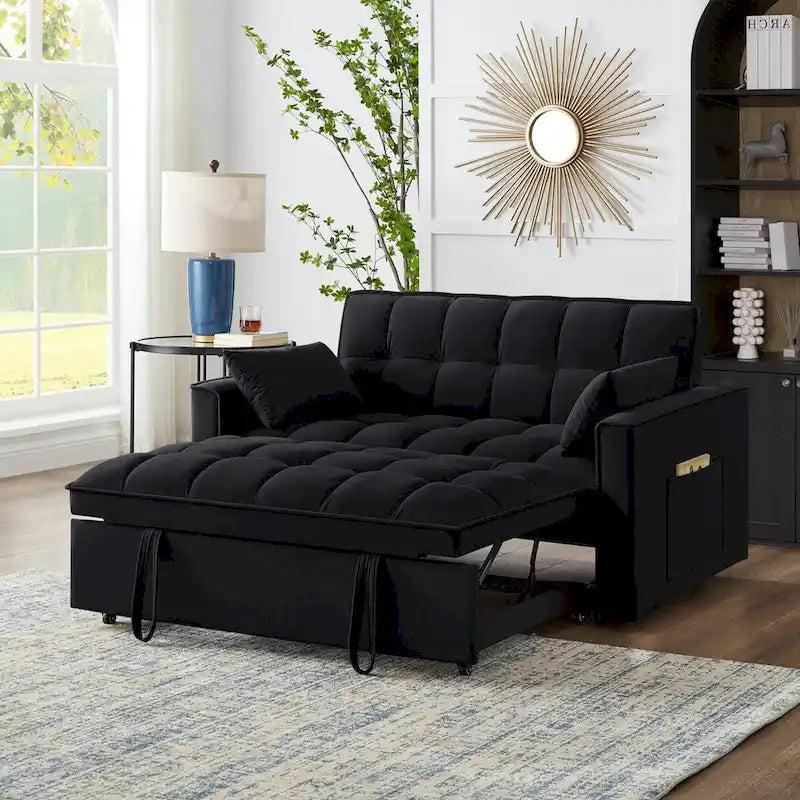 Rozkładana sofa dwuosobowa 4 w 1 z podłokietnikami i kieszeniami do przechowywania, wielofunkcyjna pikowana sofa z regulowanym oparciem