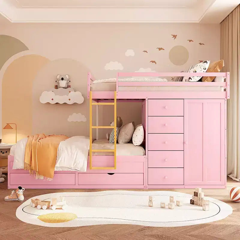 Etagenbett in Full-over-Full-Größe mit Kleiderschrank und Schubladen, platzsparendes Etagenbett aus Holz in Full-Größe mit Rausfallschutz für Wohnung und Schlafzimmer