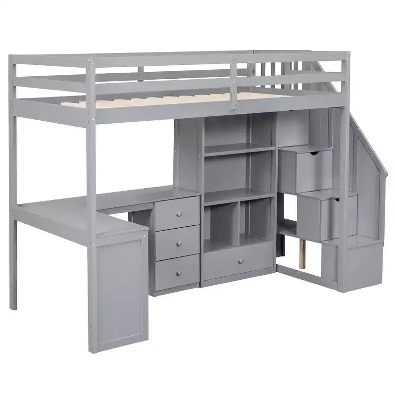 Halfhoogslaper in eenpersoonsmaat met L-vormig bureau, 3 laden, kast, opbergruimte in de trap, frame van massief grenenhout en MDF