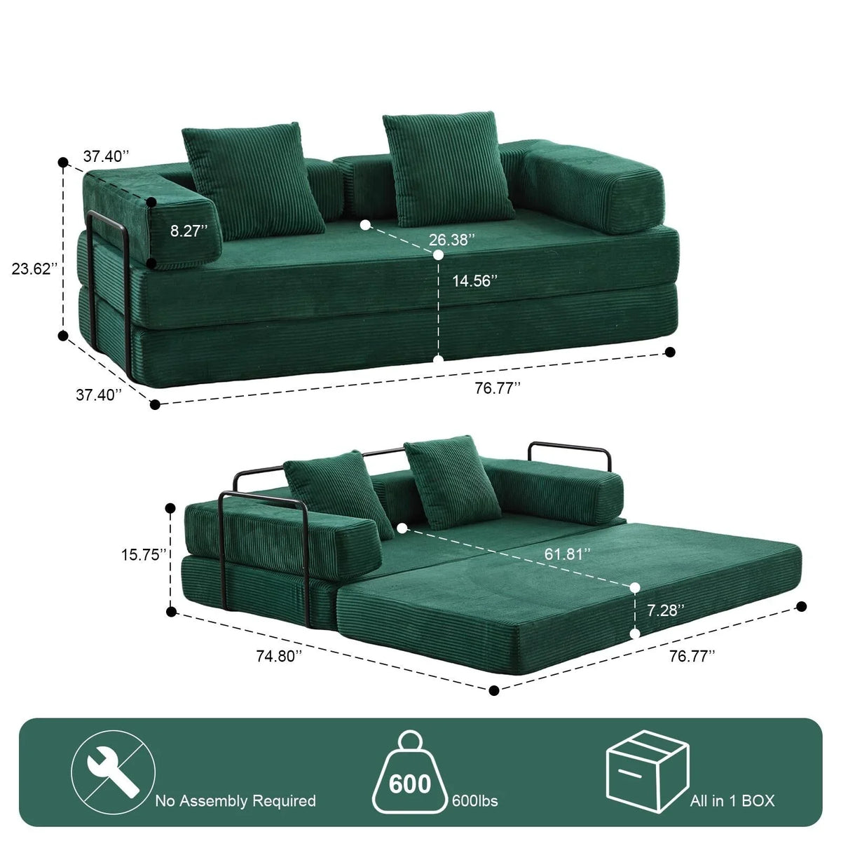 Verwandelbares Bodensofa-Bett mit Kissenlehne aus Chenille für Wohnzimmer und Schlafzimmer