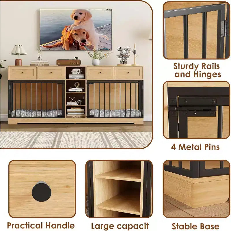 82 Hundebox-Möbel für zwei Hunde, große Hundehütte für den Innenbereich, robuste Hundebox aus Holz mit 4 Schubladen und Regalen, als TV-Ständer