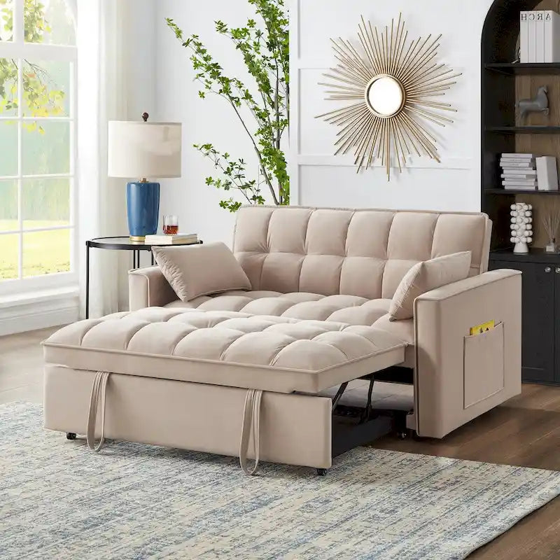 Rozkładana sofa dwuosobowa 4 w 1 z podłokietnikami i kieszeniami do przechowywania, wielofunkcyjna pikowana sofa z regulowanym oparciem