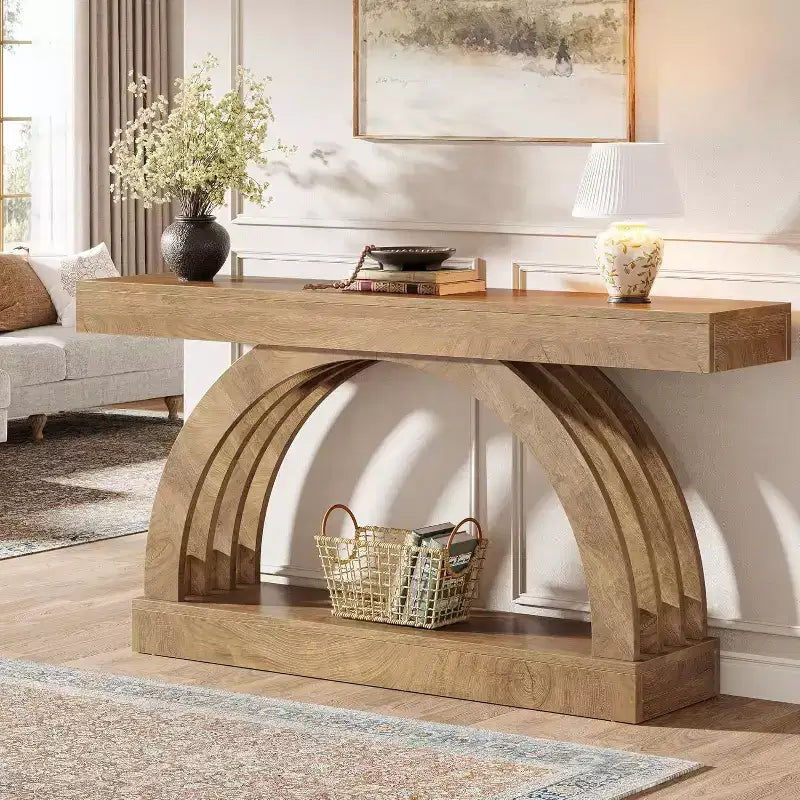 Lantine 63-Zoll-Eingangstisch, zweistöckiger Sofatisch hinter dem Sofa, schmale, einzigartige Konsole im Landhausstil mit Bogenform für Flur, Wohnzimmer und Eingangsbereich, naturfarben