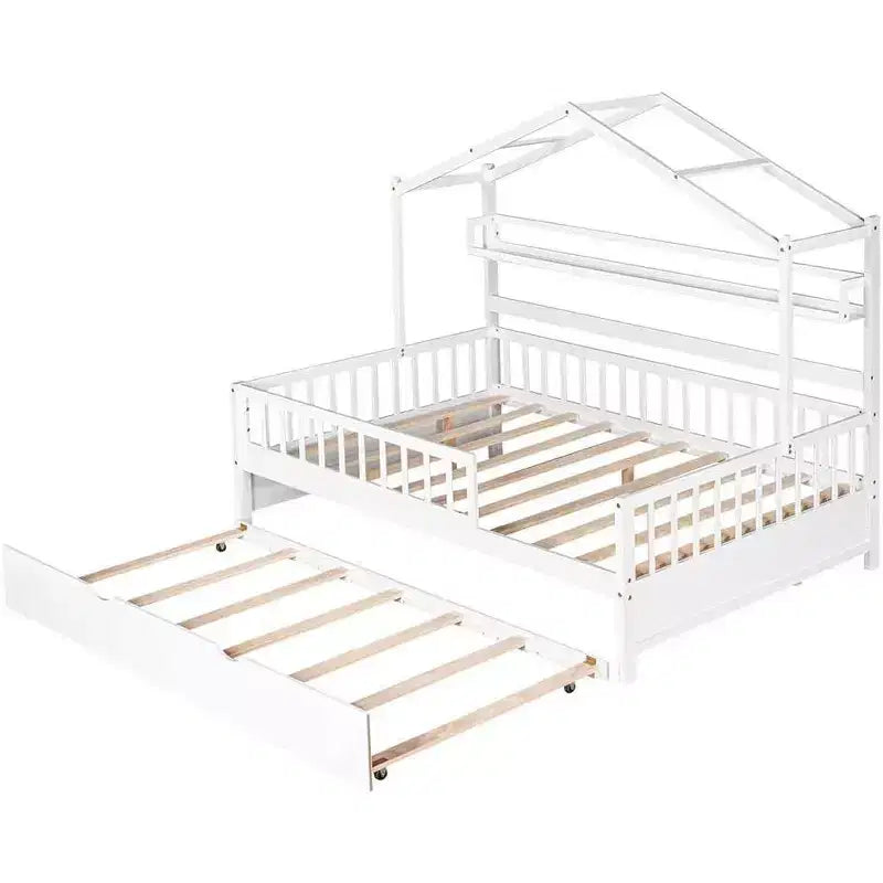 Struttura letto a casetta Acekool a una piazza e mezza con letto estraibile singolo, cassetti e ripiani contenitori, tetto e staccionata, letto a piattaforma per bambini, bianco