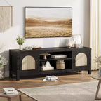 65-inch Bohemian-style TV stand with wicker door - Wooden entertainment center with two cabinets and adjustable shelves, suitable for living rooms
