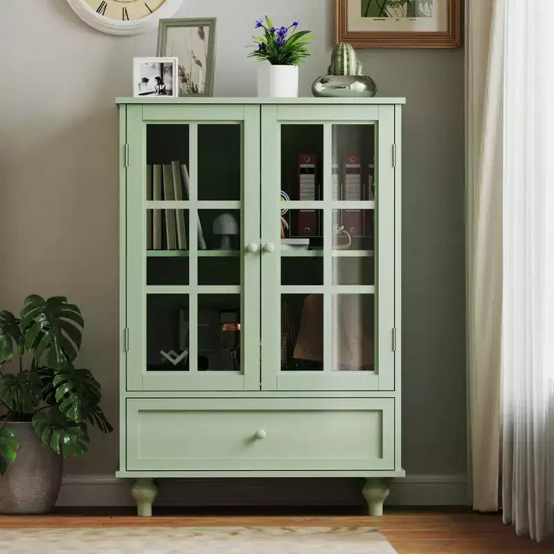Meuble de rangement, meuble bas en bois avec 1 tiroir et 2 portes vitrées, buffet de style campagne avec rangements pour le salon
