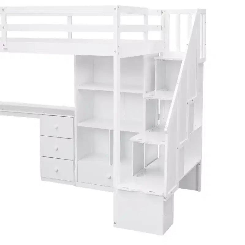 Halfhoogslaper in eenpersoonsmaat met L-vormig bureau, 3 laden, kast, opbergruimte in de trap, frame van massief grenenhout en MDF