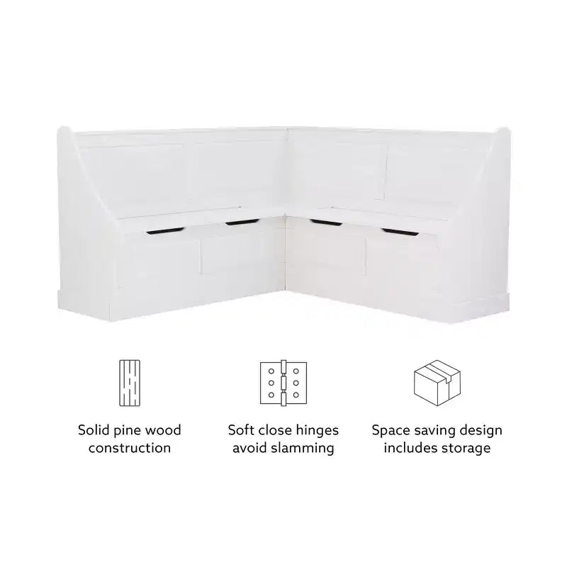 Banc d’angle petit-déjeuner Tobin traditionnel en bois massif, sans dossier, avec rangement et coussin blanc - Linon