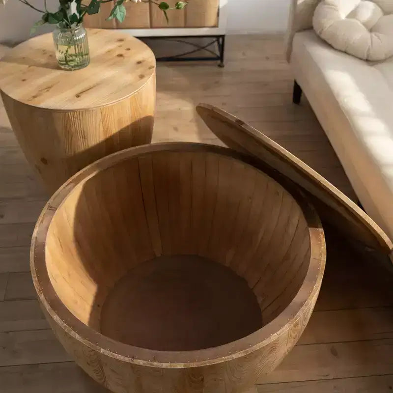 Tavolino da salotto rotondo in legno con contenitore, stile retrò, adatto al soggiorno, alla sala da pranzo o all'ufficio.