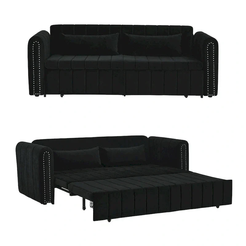 Nowoczesna rozkładana sofa z funkcją spania, tapicerowana aksamitem, z zaokrąglonymi podłokietnikami ozdobionymi miedzianymi ćwiekami