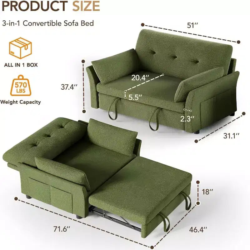 Rozkładana sofa Dyonery 3 w 1, sofa z wysuwanym łóżkiem, kieszenią boczną i regulowanym oparciem, montaż bez narzędzi, składana dwuosobowa sofa