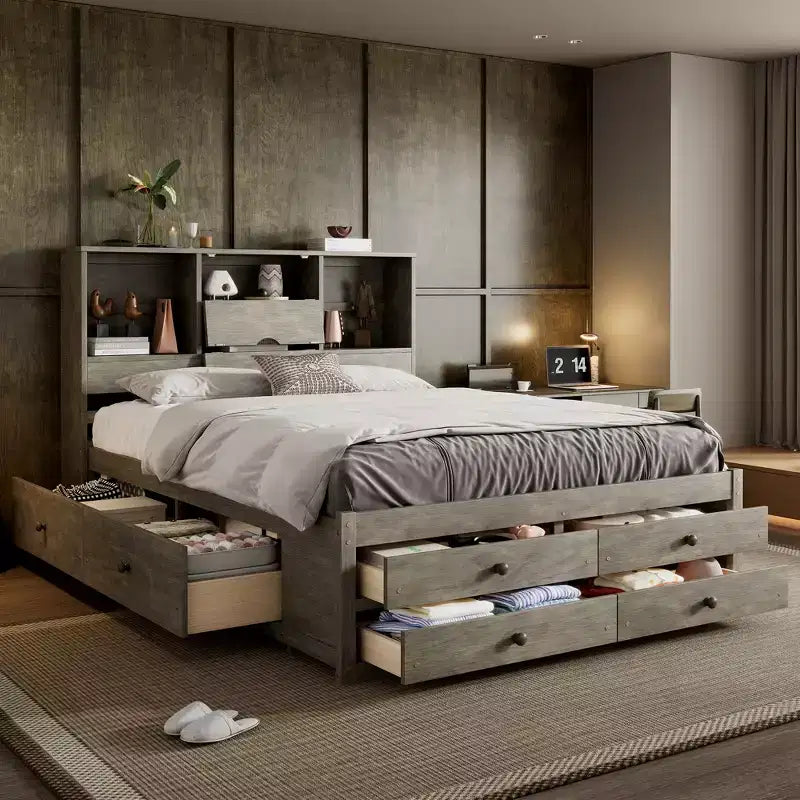 Cama de casal com estrado, prateleira de arrumação e 8 gavetas, fácil de montar