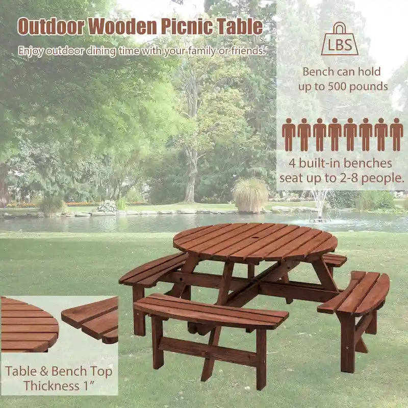 Set da picnic rotondo da esterno per 8 persone in legno di abete, con 4 panche integrate e foro per ombrellone