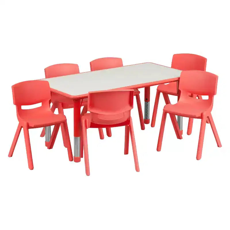 Conjunto Emma and Oliver de mesa retangular de atividades em plástico, com altura ajustável, 23.625W x 47.25L e 6 cadeiras