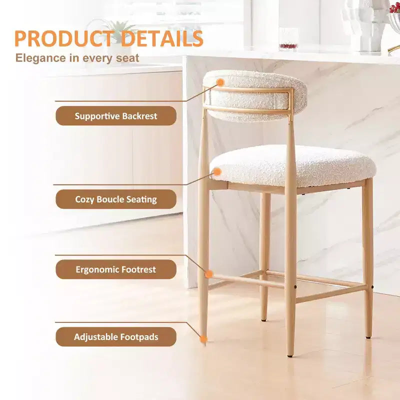 Bouclé-Barhocker ohne Armlehnen, 4er-Set, mit Metallbeinen in Holzoptik für Küche, Wohnzimmer, Restaurant und Café - Morden Fort