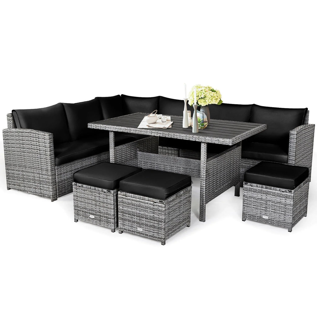 Costway 7-teiliges Ess-Set aus Polyrattan für die Terrasse mit Ecksofa und Hocker - Details ansehen