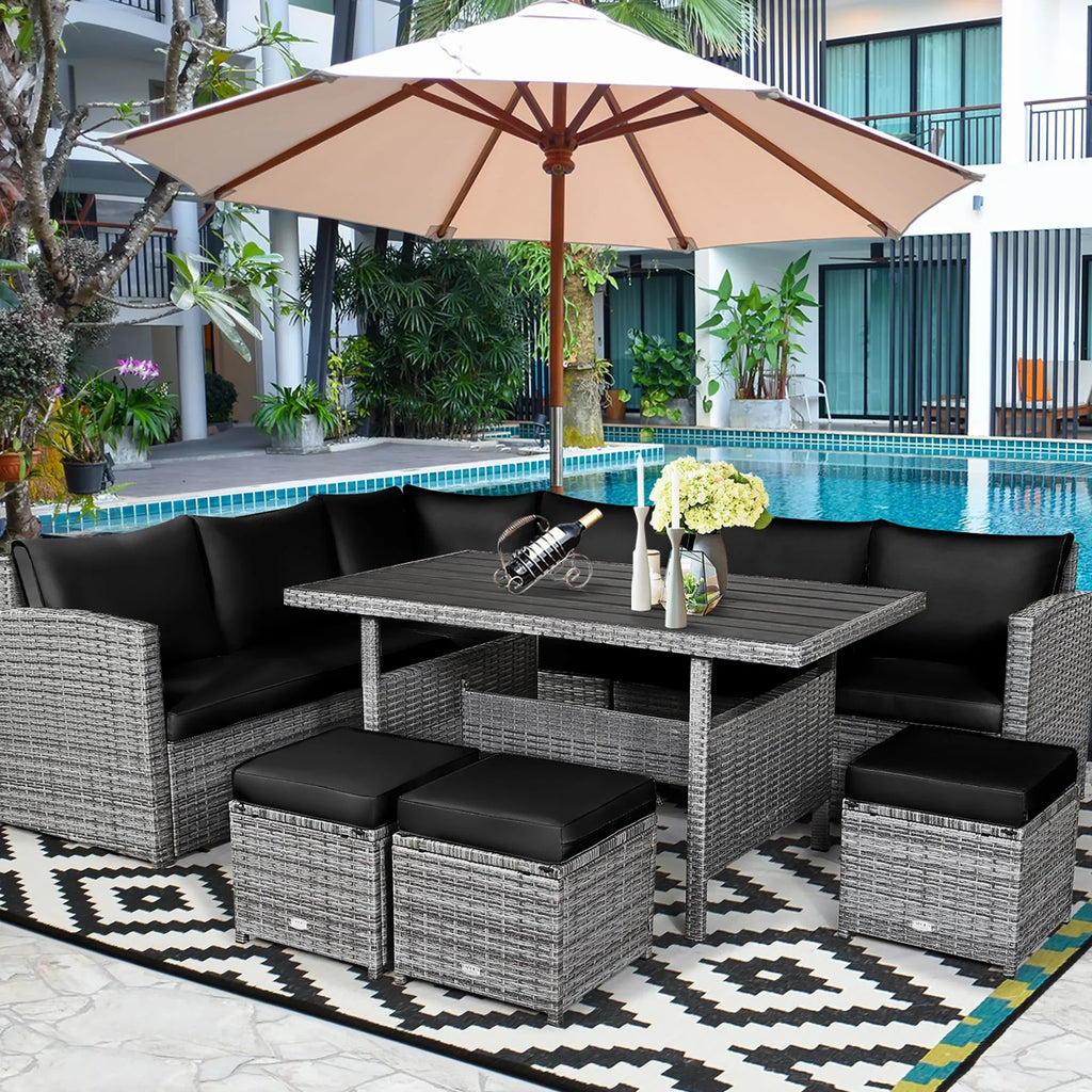 Costway 7-teiliges Ess-Set aus Polyrattan für die Terrasse mit Ecksofa und Hocker - Details ansehen