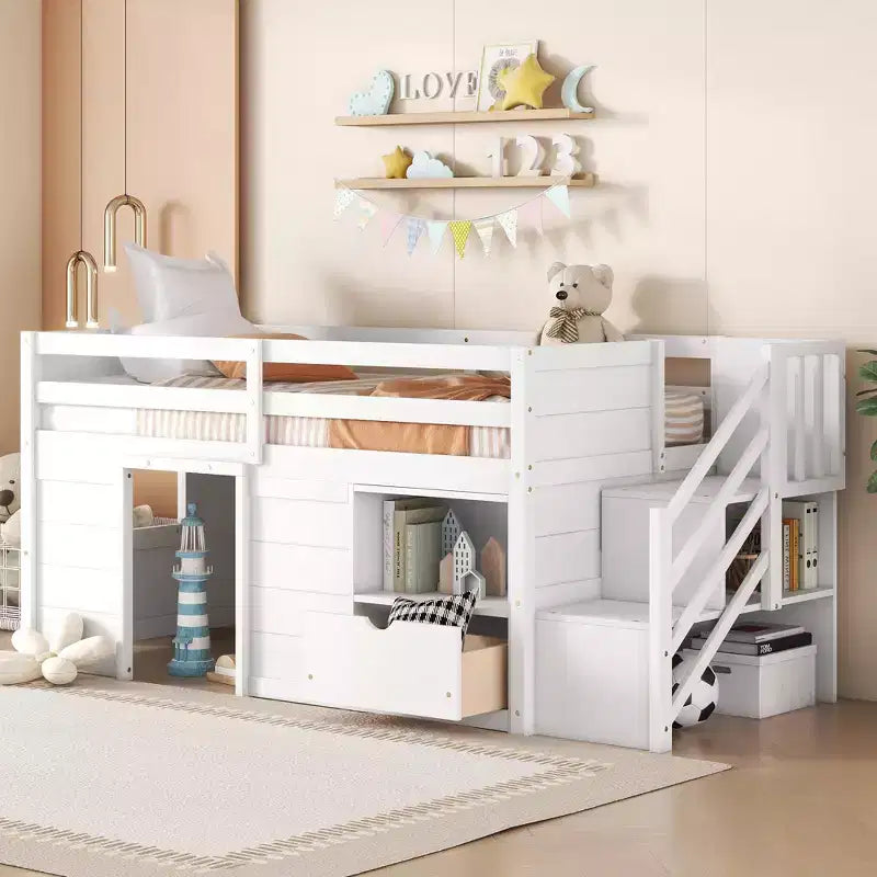Okak Massivholz-Hochbett für Einzelmatratzen mit Treppe und Stauraum, niedriges Etagenbett mit Schubladen und Regalen, multifunktionales Hochbett für Kinder und Jugendliche