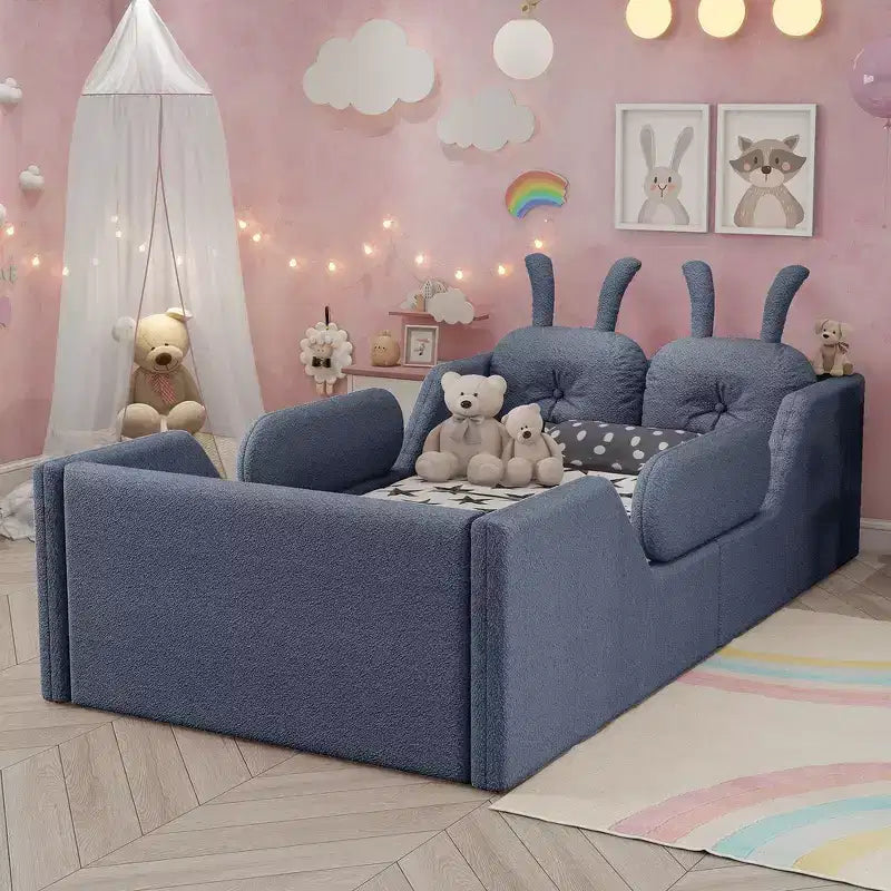 Whisen eenpersoonsbed met platform, gestoffeerd kinderbedframe voor op de vloer met konijnenkussen en afneembare zijhekken