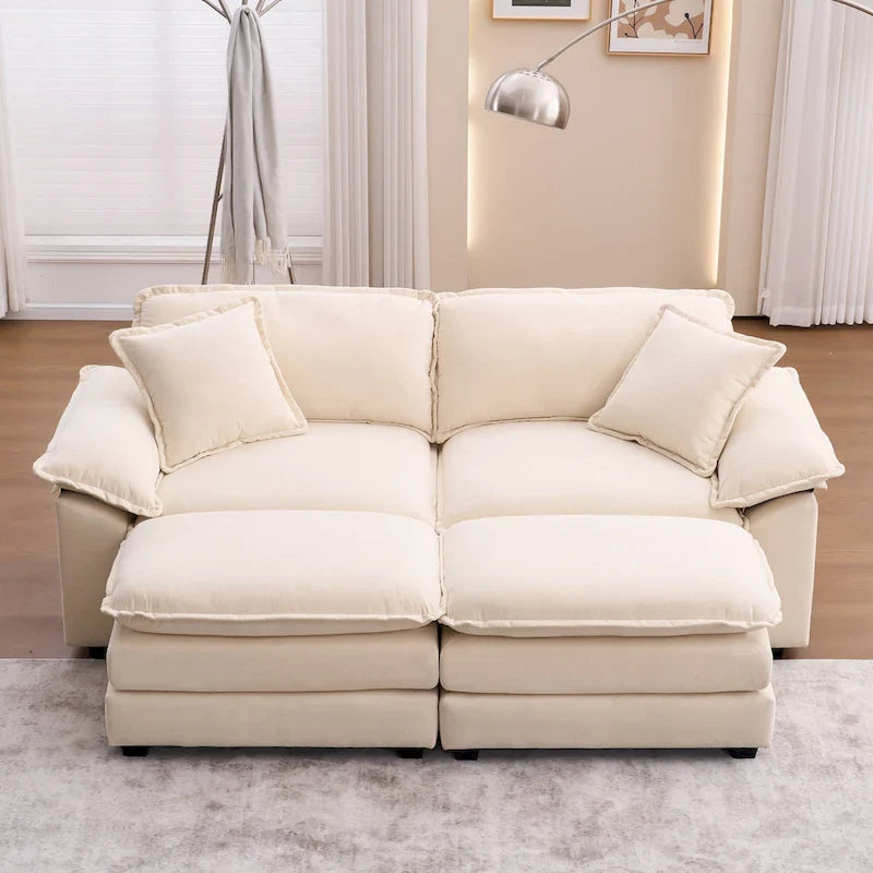 2-Sitzer-Sofa mit 2 Sitzkissen, 2 Kissen und 2 Hockern, bequemes Sofa - tiefes Sofa fürs Wohnzimmer, modulares Sofa