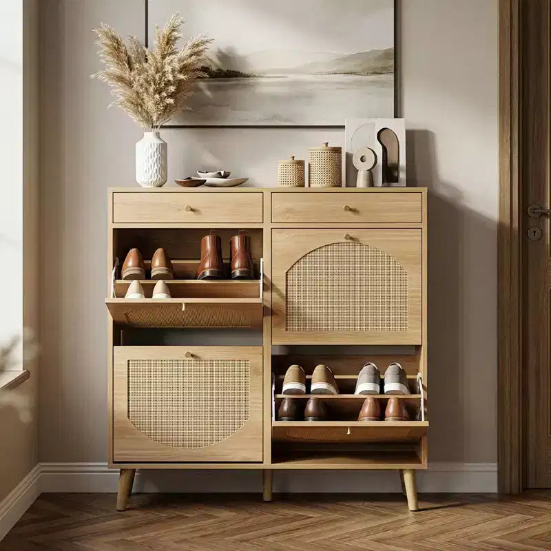 Karl Home Schuhschrank mit Rattanfront, 2 Schubladen und 4 Klappfächern aus Spanplatte, 41.34 W