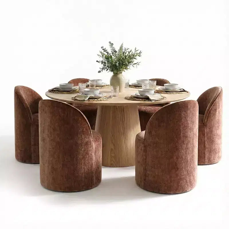 Conjunto de jantar moderno para 6 pessoas, mesa redonda com pé central, cadeiras giratórias tipo barril com rodas, chenille texturizado - Panipeachy