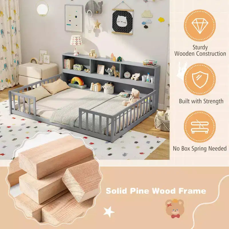 Letto Montessori a terra Twin/Full con libreria, ripiani contenitori e sponde di sicurezza, bianco/grigio