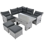 Conjunto de mobiliário de exterior em rattan, com mesa ajustável, cadeiras reclináveis e 2 pufes