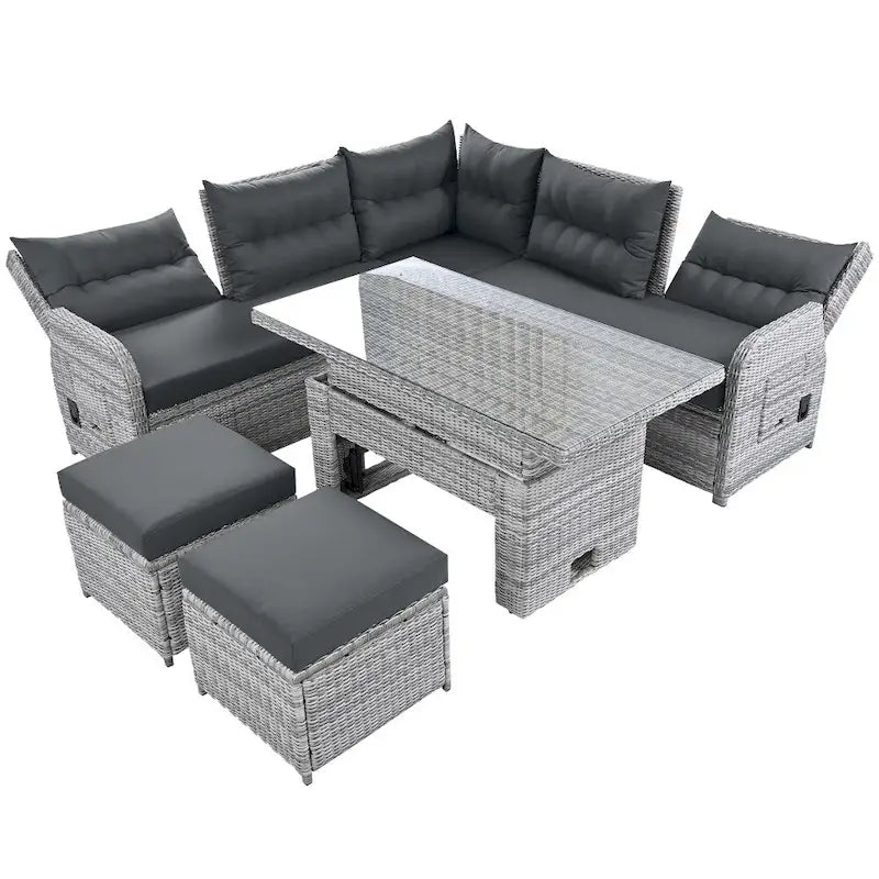 Conjunto de mobiliário de exterior em rattan, com mesa ajustável, cadeiras reclináveis e 2 pufes