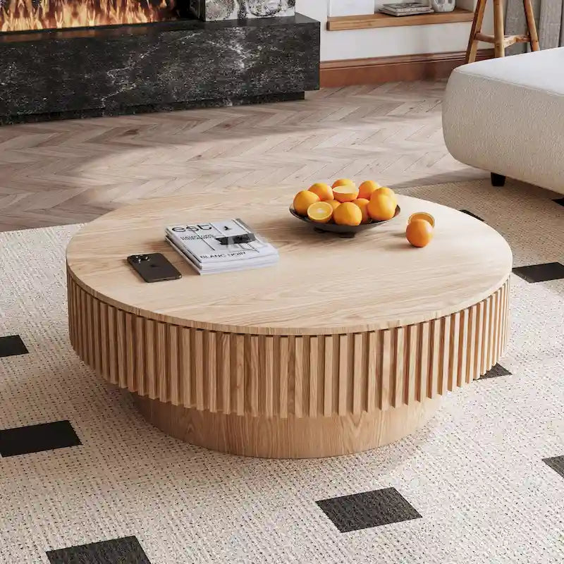 Moderner runder Couchtisch aus massivholzfurniertem Holz mit Stauraum