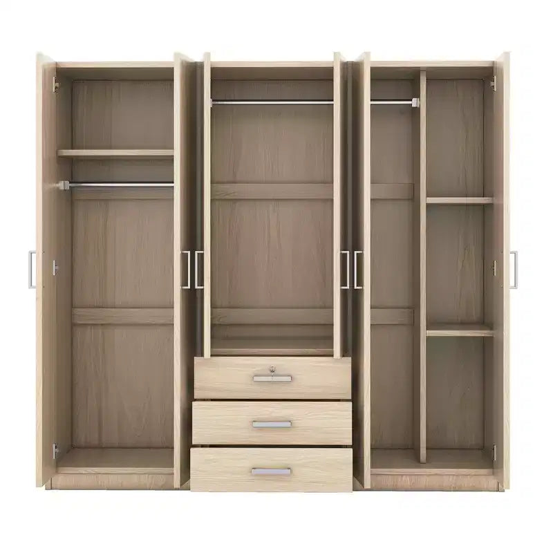 Guarda-roupa de madeira com 6 portas e gavetas para quarto