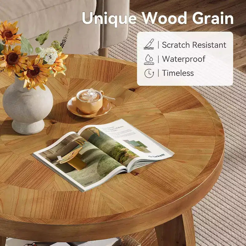 Lantine ronde salontafel van massief hout, bijzettafel met 2 niveaus en opbergruimte, tafelblad van 31.5 inch met mozaïekpatroon, eenvoudig te monteren, voor de woonkamer, bruin