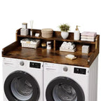 Wood Washer and Dryer Topper, 54 Laundry Countertop with 2-Tier Storage Shelf, Anti-Slip Work Surface with Guardrails for Laundry Organization