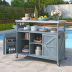Îlot de cuisine d’extérieur, chariot de bar roulant et meuble de rangement, table de barbecue en bois massif avec plateau en acier inoxydable, porte-épices, porte-serviettes