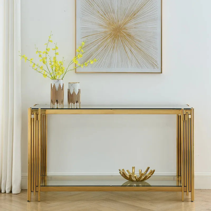 Smalle consoletafel met 2 niveaus, goudkleurig metalen frame en blad van gehard glas
