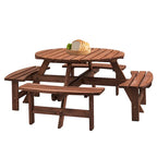 Set da picnic rotondo da esterno per 8 persone in legno di abete, con 4 panche integrate e foro per ombrellone