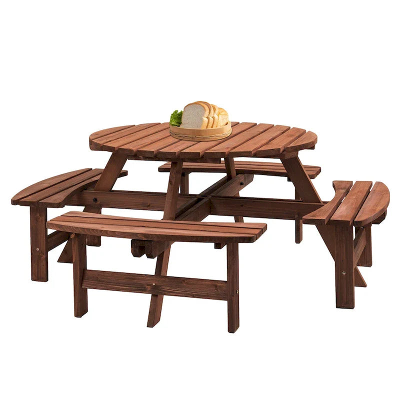 Set da picnic rotondo da esterno per 8 persone in legno di abete, con 4 panche integrate e foro per ombrellone