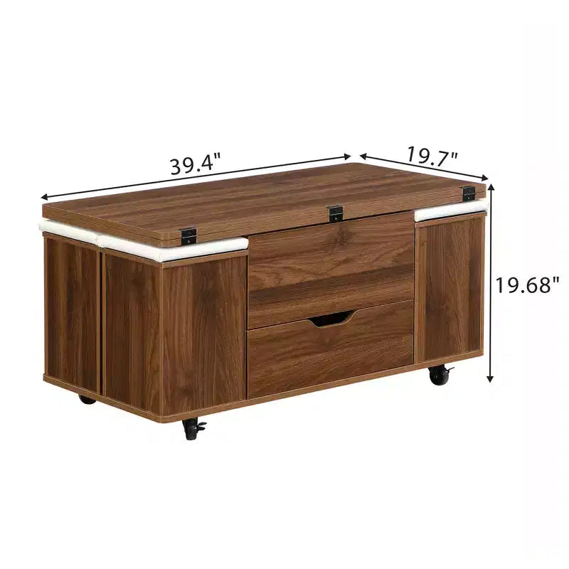 Table basse moderne multifonctionnelle à plateau relevable avec rangement caché, 4 tabourets et roulettes, idéale pour les espaces de vie modernes