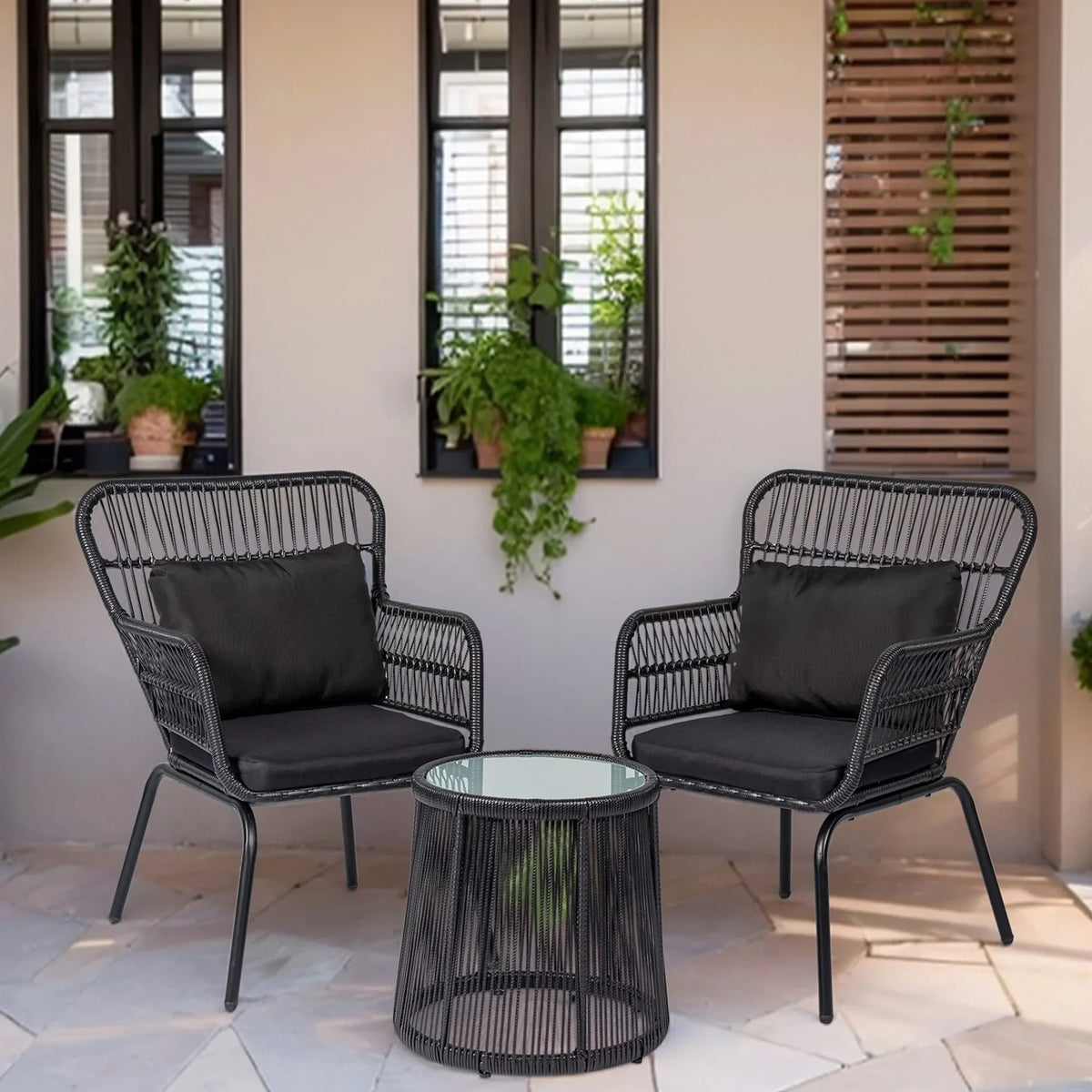 3-teiliges Outdoor-Bistroset aus Korbgeflecht, wetterfeste Rattan-Gartenmöbel mit Stühlen und Kissen