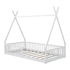 Kinder-Bodenbett, Zeltbett in Einzelbettgröße, Montessori-Bodenbett mit Lattenrost und Schutzgittern, Bettrahmen aus Holz in Hausform für Jungen und Mädchen