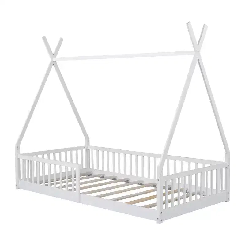 Kinder-Bodenbett, Zeltbett in Einzelbettgröße, Montessori-Bodenbett mit Lattenrost und Schutzgittern, Bettrahmen aus Holz in Hausform für Jungen und Mädchen