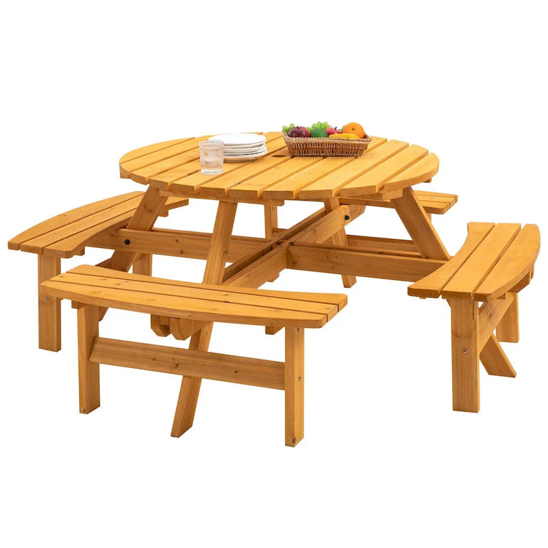 Set da picnic rotondo da esterno per 8 persone in legno di abete, con 4 panche integrate e foro per ombrellone