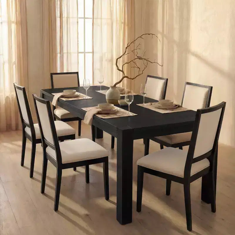 Moderne eetset - 80 tafel + 6 gestoffeerde stoelen, massief houten frame, tafelcapaciteit van 400 lbs, eenvoudig te monteren